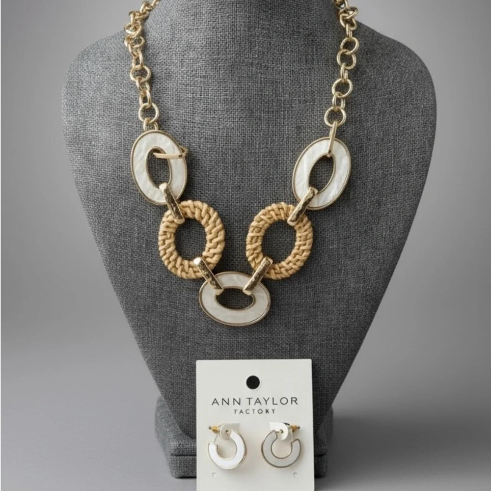 Ann Taylor Mother‎ of Pearl Necklace and Earring Set Gold Tone